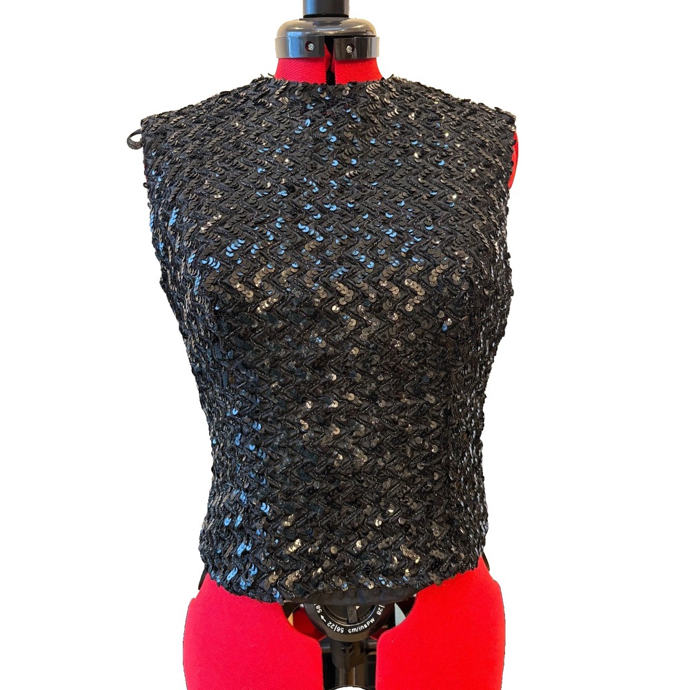 VTG‎ hand beaded sequined zigzag pattern sleeveless black Algo ladies top zipper